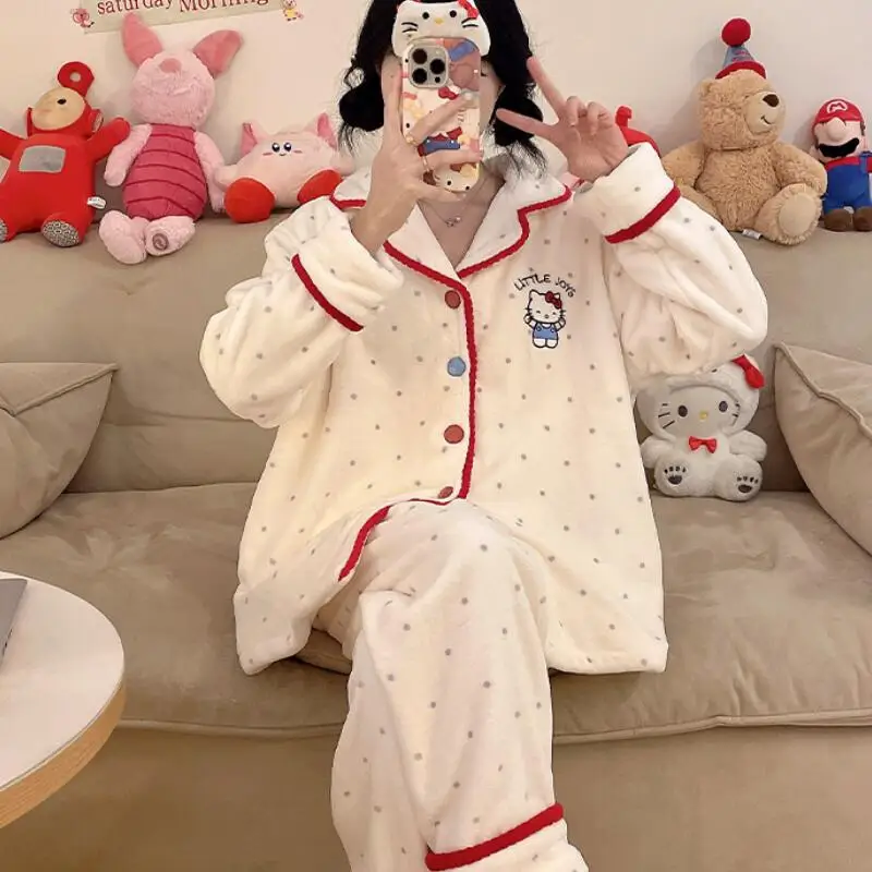 

Hot Sanrio Women Autumn Winter Sweet Cute Thick Cashmere Cardigan Pajama Set 2025 New Hellokitty Soft Comfort Warm Home Clothes