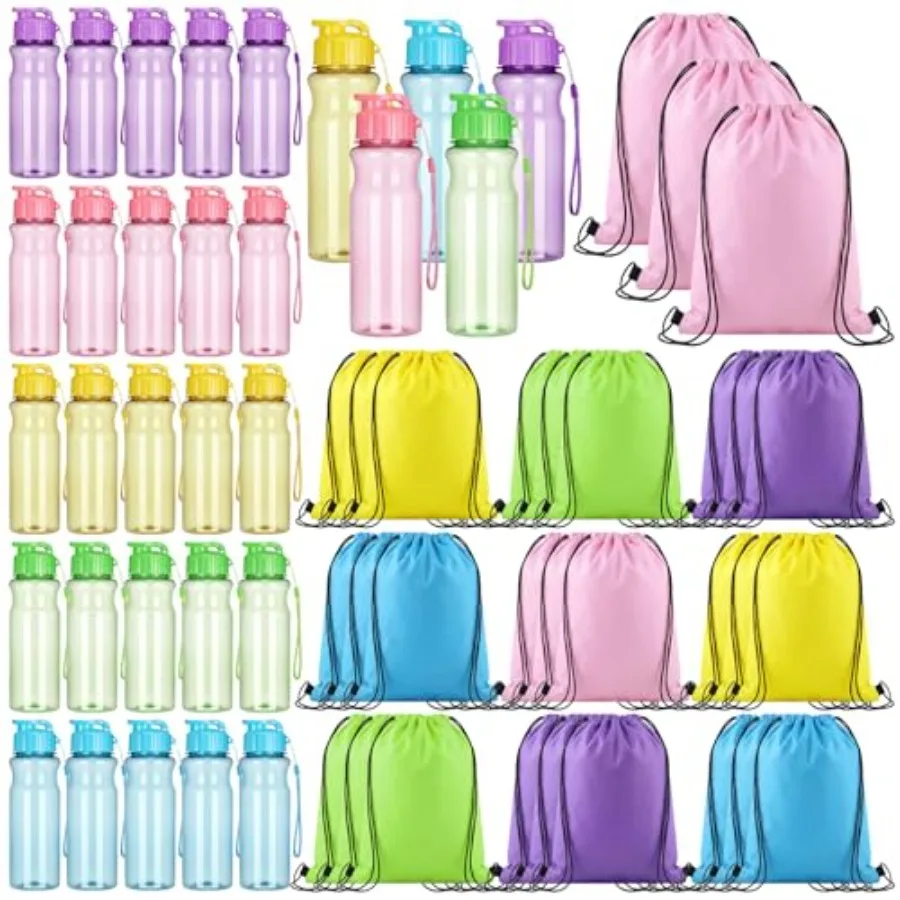 

60 Pieces Plastic Water Bottles bulk and Drawstring Backpack Set for Adults Include 30 17 oz Sport Drink Bottles 30 Sport Gym G