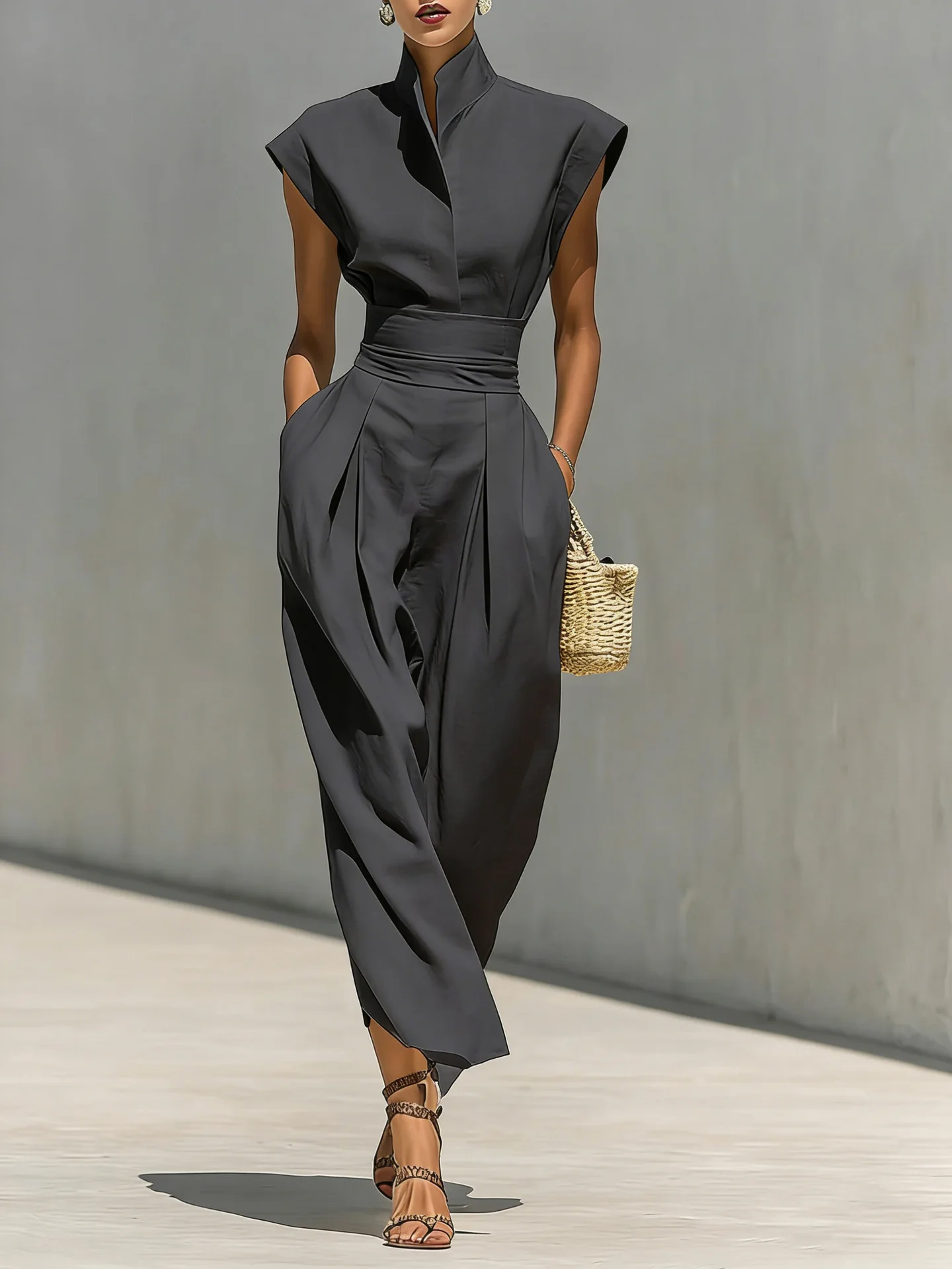 Zomerse Nieuwe Hoge Taille Zakjurk Elegante Dames Slim Geplooide Midi Jurken Mode Effen Staande Kraag Mouwloze Jurk voor Dagelijks Gebruik