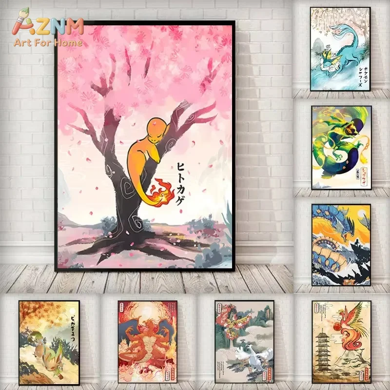 AZNM Pokemon Charmander Vaporeon Japanese Ukiyo-e Style Canvas Painting Anime Wall Art Poster Home Living Room Decor Print Gift