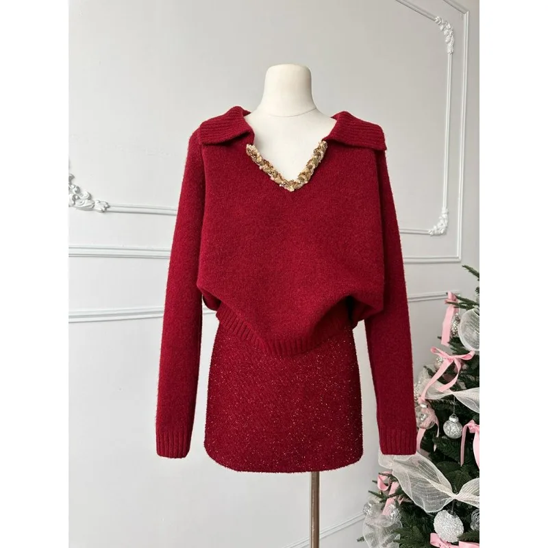 Korean Style Versatile Commuter Temperament Long-sleeved Knitted Sweater Pullover Women's Early Spring Lapel V-neck Loose Top