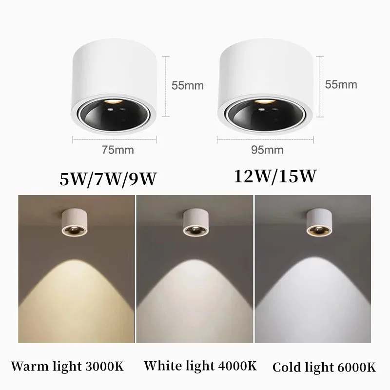 Reflektory LED z regulowanym kątem COB Super jasny Downlight 5W 7W 9W 12W 15W montowane na powierzchni małe oświetlenie sufitowe oświetlenie