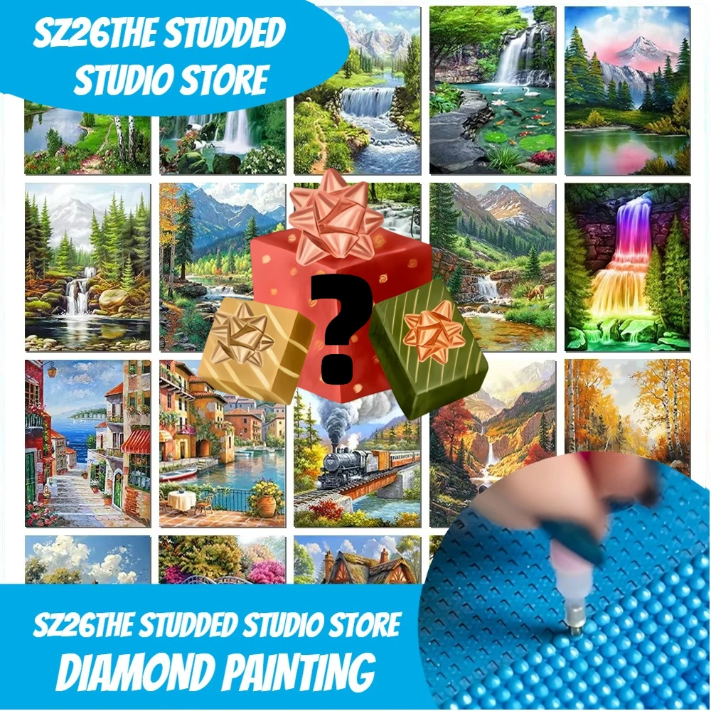 Kit de pintura de diamantes en caja sorpresa, arte de diamantes 5D de perforación completa DIY con motivos de cascada majestuosa, montaña, río y bosque para decoración de pared del hogar