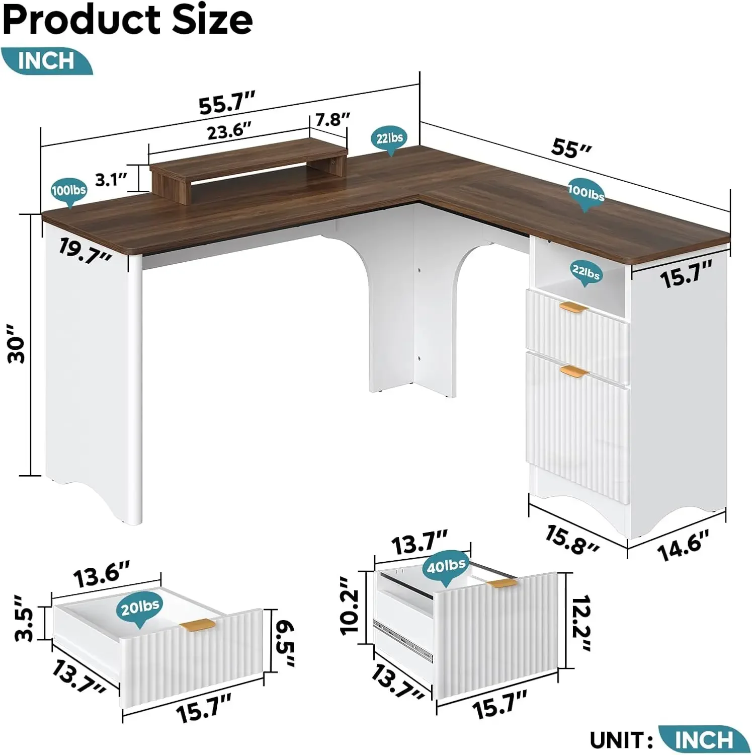Modern L Shaped Office Computer Desk With File Drawer Monitor Stand Round Corners Fluted Panels White Walnut