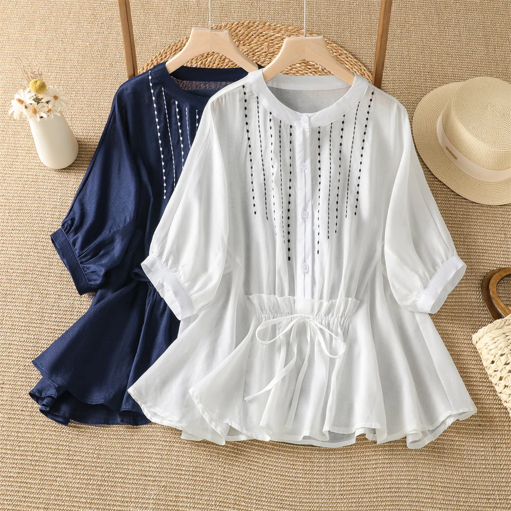 

Slimming Large Size Cotton Linen Doll Shirt Women's Loose Fit Summer New Style Lightweight Overhead round Neck Five Sleeve