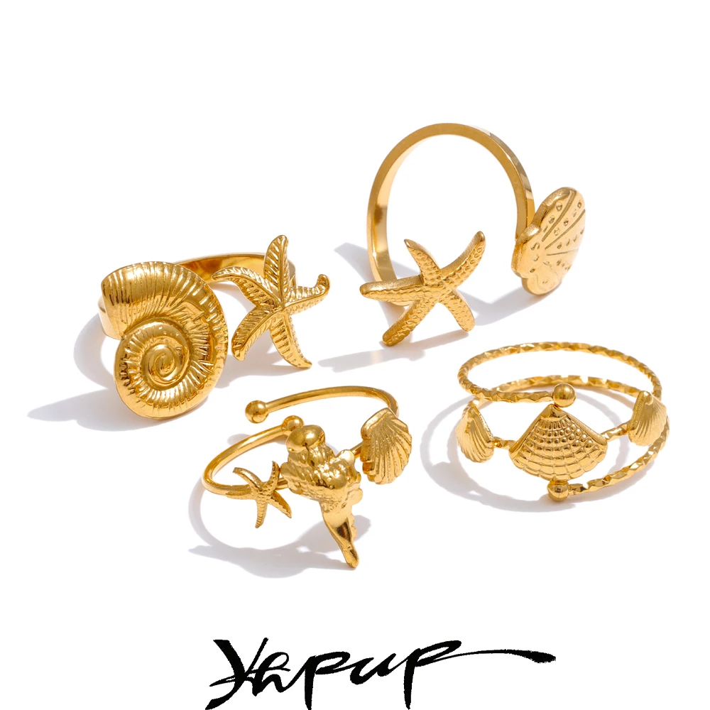 Yhpup Summer Ocean Style Shell Starfish Conch Adjustable Golden Ring 18K PVD Plated Stainless Steel Daily Jewelry Gift