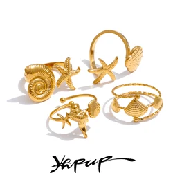 Yhpup Summer Ocean Style Shell Starfish Conch Adjustable Golden Ring 18K PVD Plated Stainless Steel Daily Jewelry Gift
