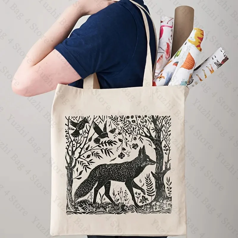 Folklore Forest Fox Lino pattern Tote Bag Canvas Shoulder organizer For Travel Daily Commute Women\'s Reusable Shopping Bags