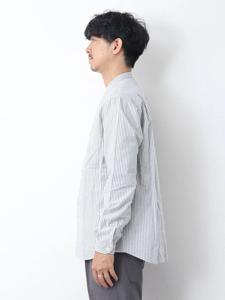 ユニセックス長袖純綿ルーズフィットシャツスタンドカラーストライプ春夏新作洗える通気性快適レトロスタイル