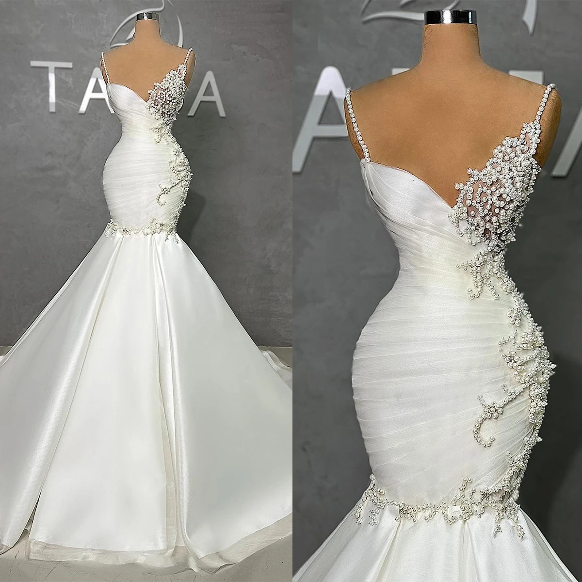 Delicate Mermaid Wedding Dresses For Women Pearls Beads Bridal Gown V-Neck Spaghetti Strap Sleeveless Dress Customized