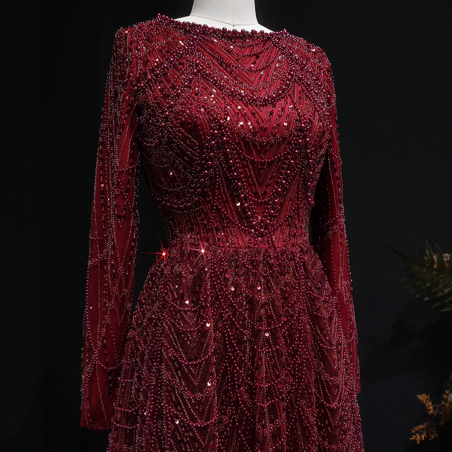 Sharon Said Luxuriöses Dubai-Abendkleid mit grünen Perlen und langen Ärmeln, Saudi-Arabisches Damen-Hochzeitskleid, formelle Partykleider SS625, maßgeschneidert – Detail 18