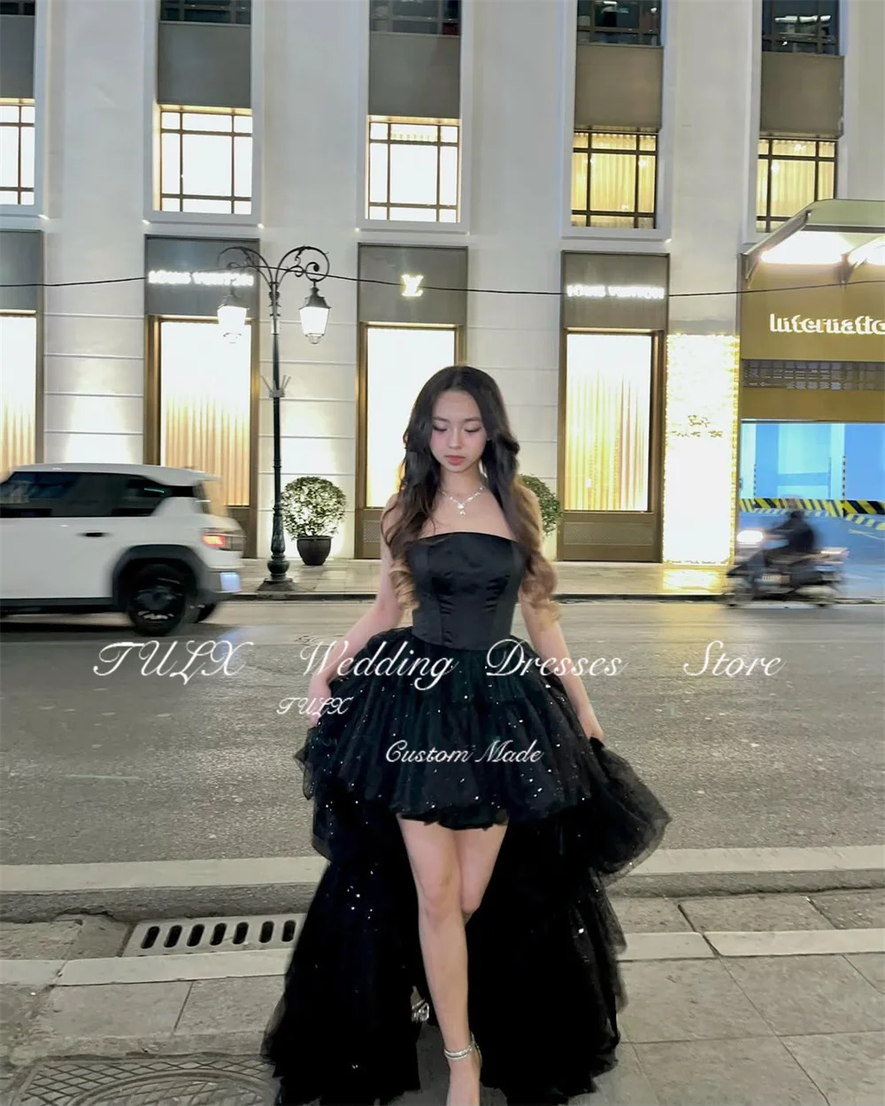 TULX – robe de soirée en Tulle noir scintillant, élégante, sans bretelles, en Satin, ligne A, longue, à plusieurs niveaux, pour occasions formelles, personnalisée