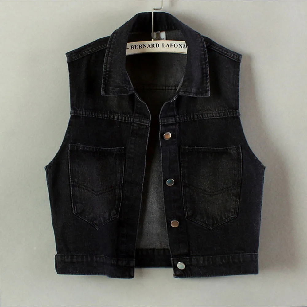 Black Denim Sleeveless Vest Solid Color Pocket Lapel Loose Fit Top Spring Summer Denim Cropped Vest Womens Clothing Casual