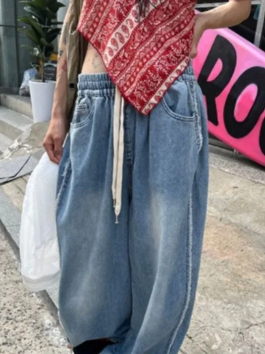 

High Waist Elastic Sports Casual Long Pants Women's Jeans Korean Sle Trousers with Dstring Splicing Design Summer 2025