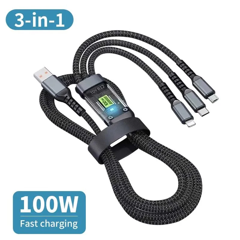 100W 3 in 1 USB Fast Charging Cable Digital Display Universal Braided Charging Cable for iPhone Samsung Xiaomi Oneplus