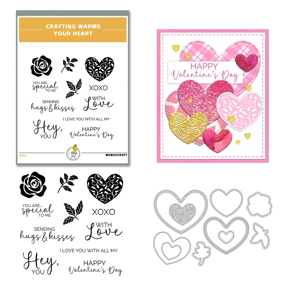 Mangocraft Heart Rose Flower Cutting Dies Clear Stamp Love Valentine\'s DIY Scrapbooking Metal Dies Silicone Stamp For Card Album