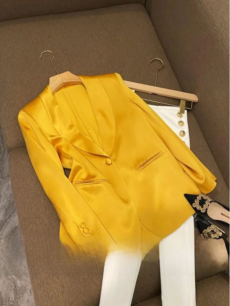 Ele Long Sve Slim Fit Satin Weste Top geknöpft Pendeln Sle Damen Faion Small Suit Cus Dye Office Lady Look