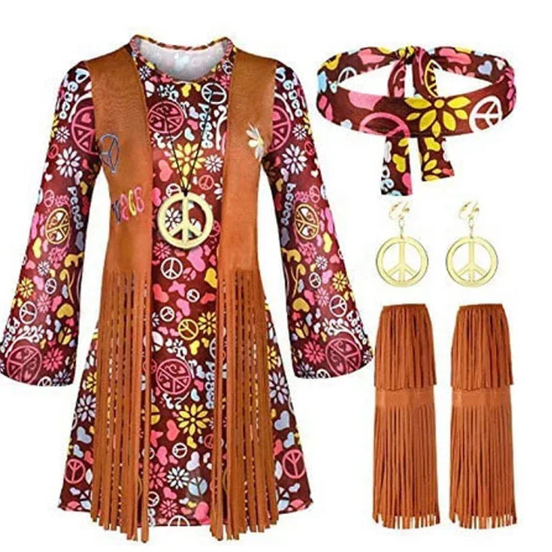 Hippie Disco 60s 70s Cosplay Costume Women Peace Love Girls Hip Indian Retro Tassels Vest Cardigan Halloween Carnival Party Suit