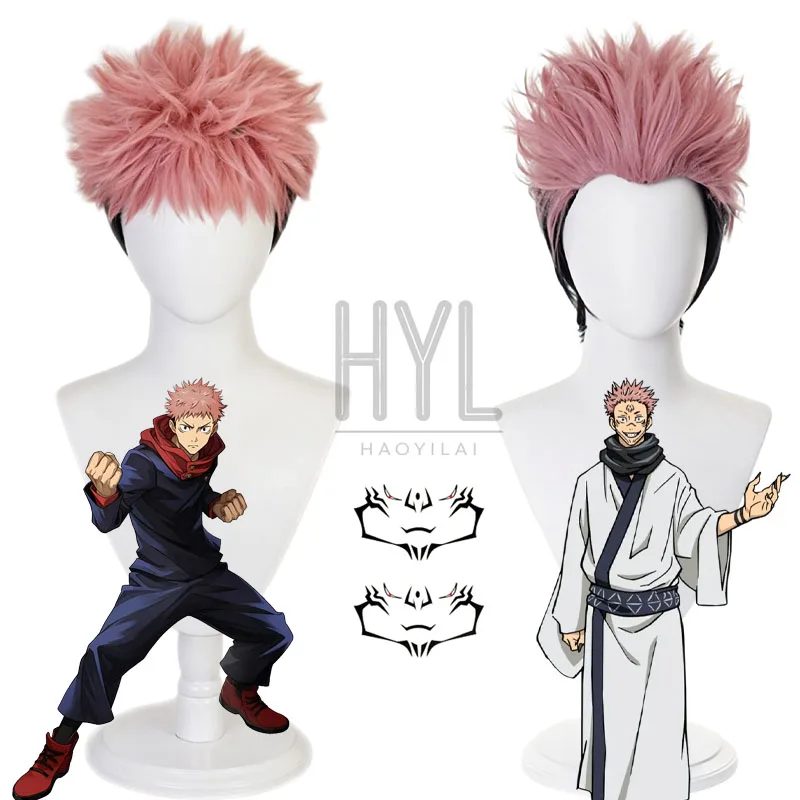 Anime Yuji Itadori Cosplay Wig Pink Short Synthetic Hair Tattoo sticker For Women Men Halloween Costume Party Carnival Props