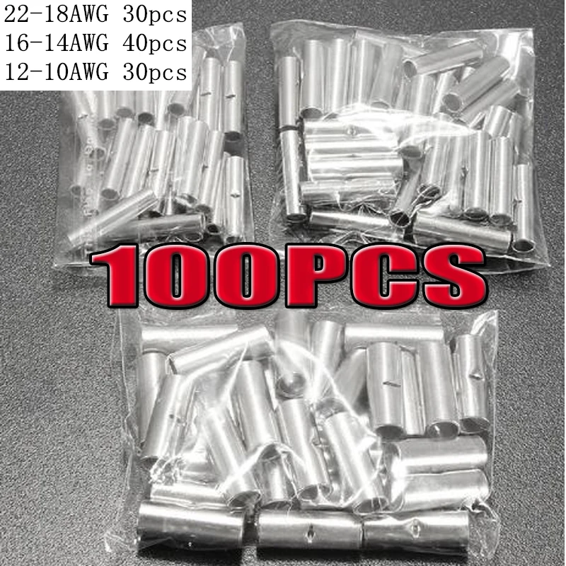 

100Pcs Butt Wire Connector AWG 22-10 Copper Tinned Splice Crimp Terminal Sleeve Bare Terminals Crimping Connector Kit