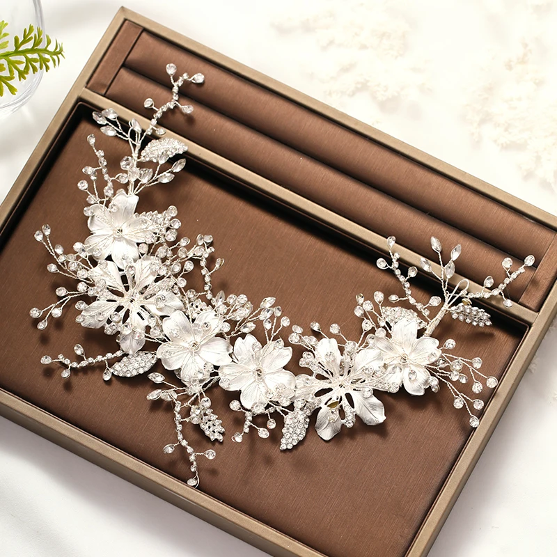 Wedding Headband Silver Color crystal Tiara Handmade Bride Headdress Flower Leaf Hair Jewelry Headband Bride Hair Accessories