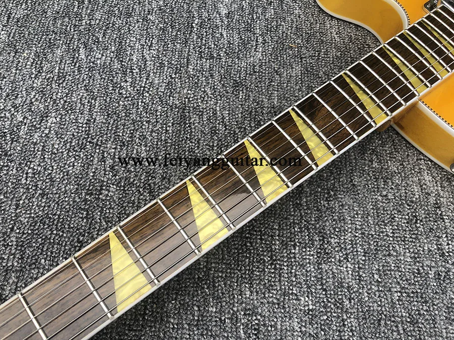 Electric Guitar with Gold Pickguard,  yellow Color, Full Hollow Body, 360  6 String Guitar, Rosewood Fingerboard，Free Shipping