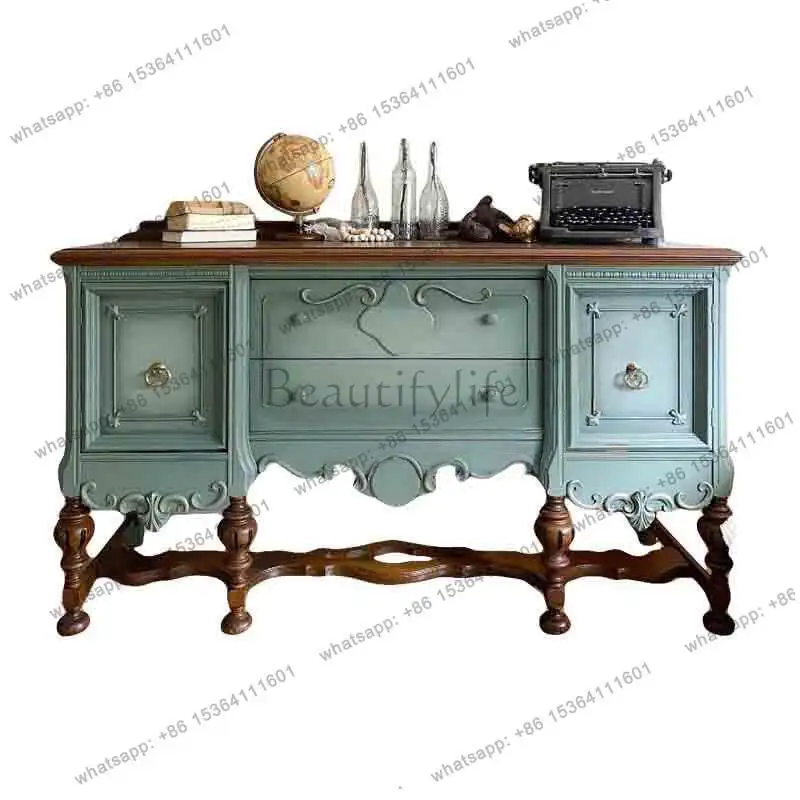 

French neoclassical European wall storage cabinet American solid wood carving flower entrance cabinet