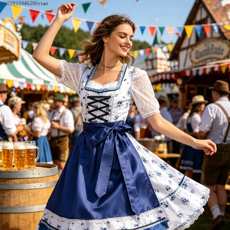 

Blue White Floral Dirndl Dress with Apron for Women German Traditional Bavarian Oktoberfest Beer Party Stage Cosplay Outfit