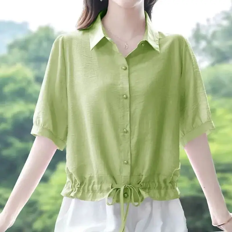 Women Summer Simplicity Loose Temperament Solid Color Cotton and Linen Short Sleeve Shirts Ladies Casual Appear Thin Trend Tops