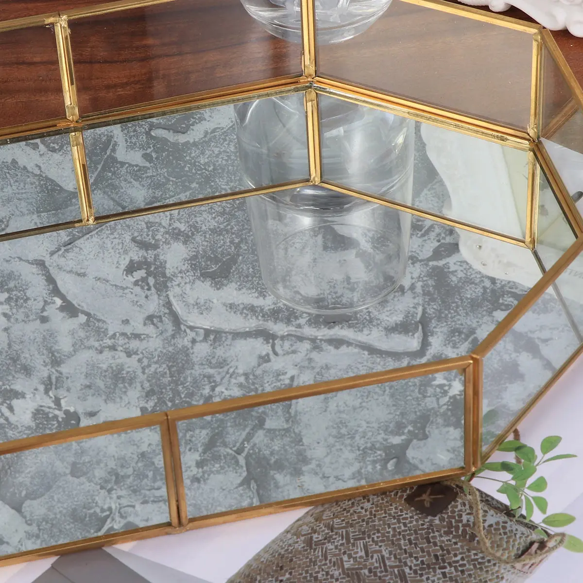 

Copper Frame Glass Jewelry Tray with Mirror Surface Reflective Finish Elongated Curved Corner Vanity Organizer for Women Jewelry