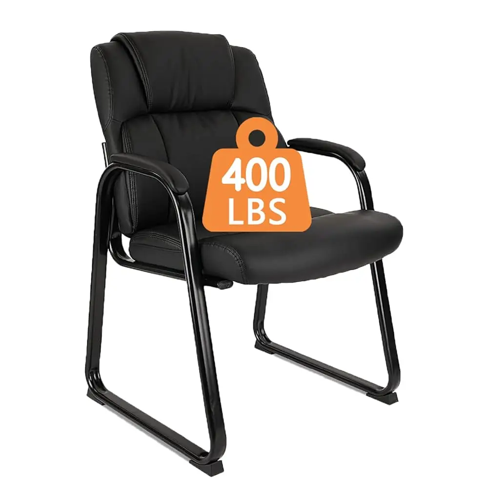 

Heavy Duty Guest Chair With Padded Armrests And Sled Base, Executive Leather Soft Reception Chair 400Lbs Acity For Office
