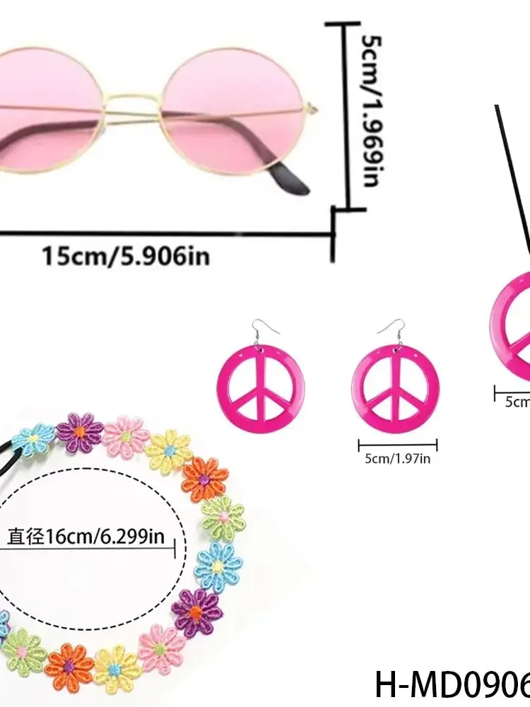 PESENAR jaren 1960 retro 3-delige set: bloem choker, vredesteken sieraden en ronde roze zonnebril voor themafeesten uit de jaren 60 - afbeelding 2