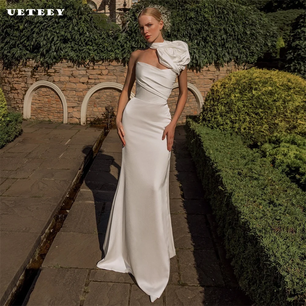 

UETEEY Customized Simple Strapless V Neck Pleats Crepe Mermaid Wedding Women Elegant Dress Zipper Back Court Train Bridal Gown