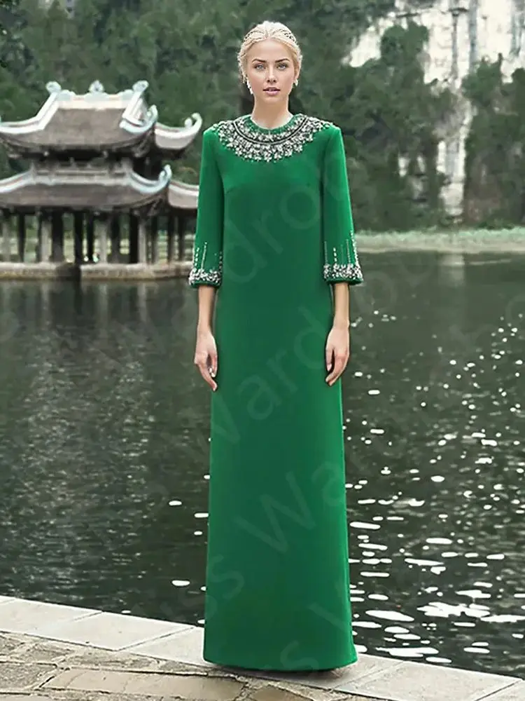 Modest New Arabic Evening Dresses Green 2024 Prom Party Gowns 3/4 Sleeves Round Neck Wedding Guest Dress Crystal Beaded Muslim