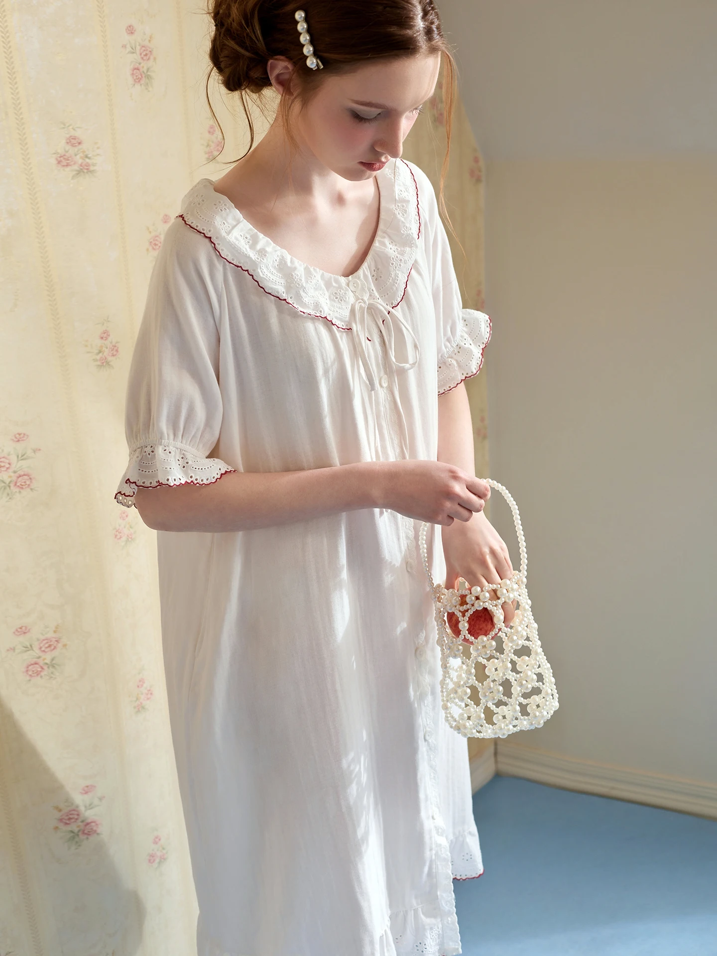 summer-vacation-style-women's-sleep-dress-pure-cotton-home-clothes-with-chest-pad-sweet-style-sleepwear-midi-dress-short-slee