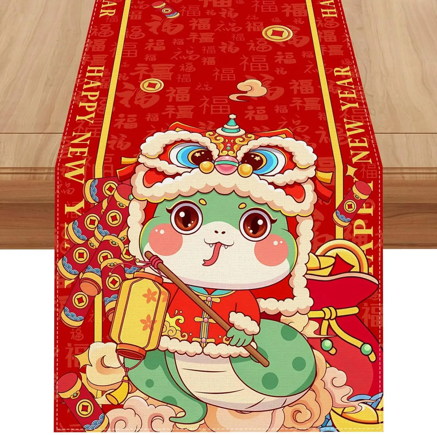 Happy 2025 Chinese New Year Linen Table Runner Party Decor Snake Lunar New Year Spring Festival Table Runners Dining Table Decor