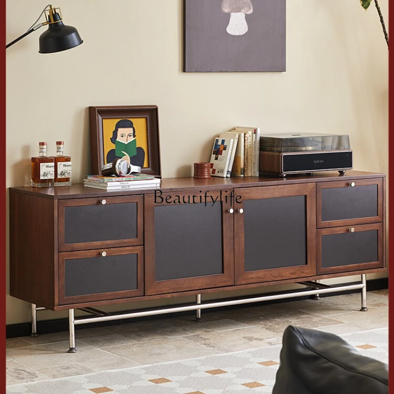 

Light sandalwood medieval solid wood TV cabinet living room retro side cabinet integrated against the wall