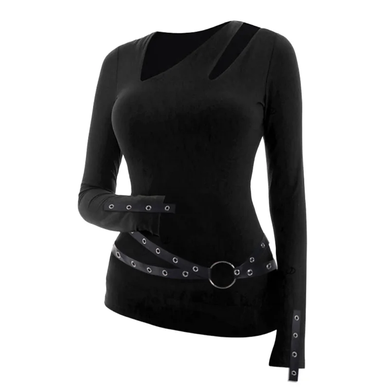 Dressfo Women's Top Gothic Top Solid Color Grommet O-ring Cut Out Long Sleeve V Neck Top camisetas