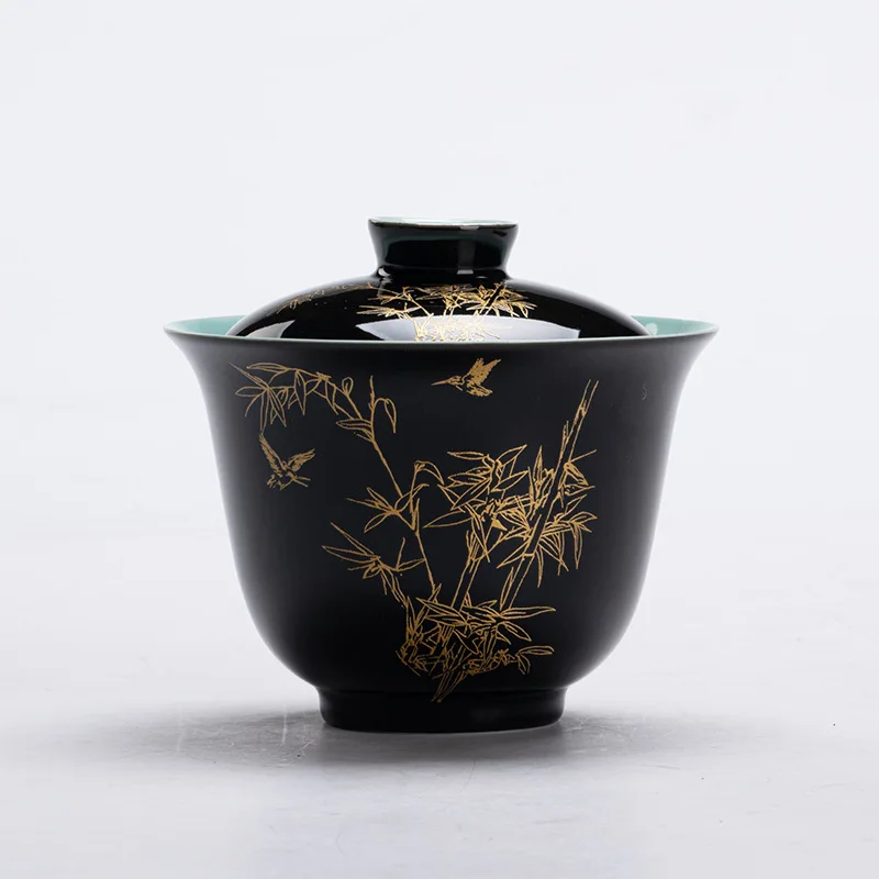 Xuanhei -Stamped Gaiwan Antique Bamboo Imitation Gold Main Bowl for Home Use Inner and Outer Glaze Tea Se