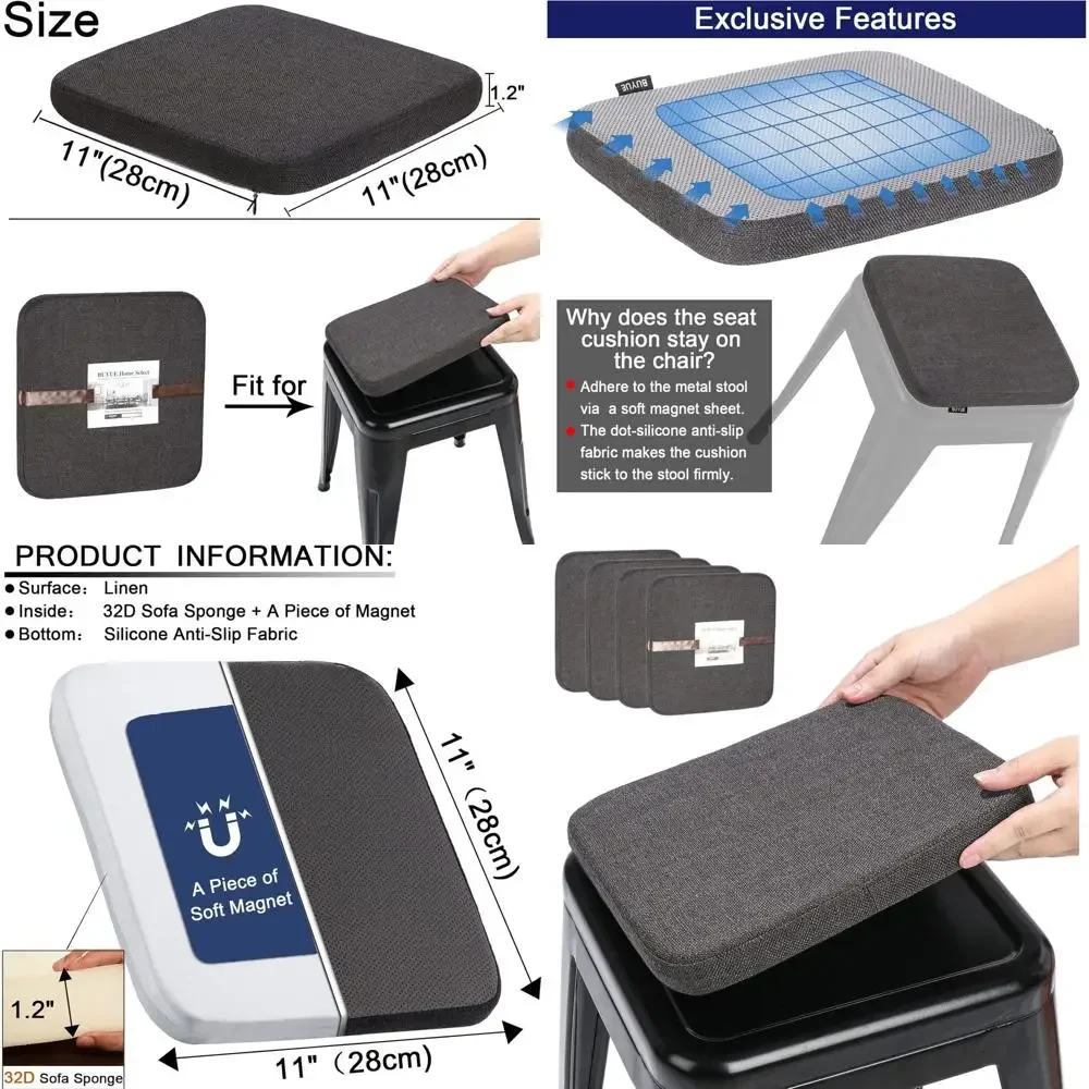 

Набор из 4 темно-серых квадратных подушек для барных стульев из тканого материала с магнитным креплением, противоскользящие дышащие накладки на сиденья для складных металлических стульев