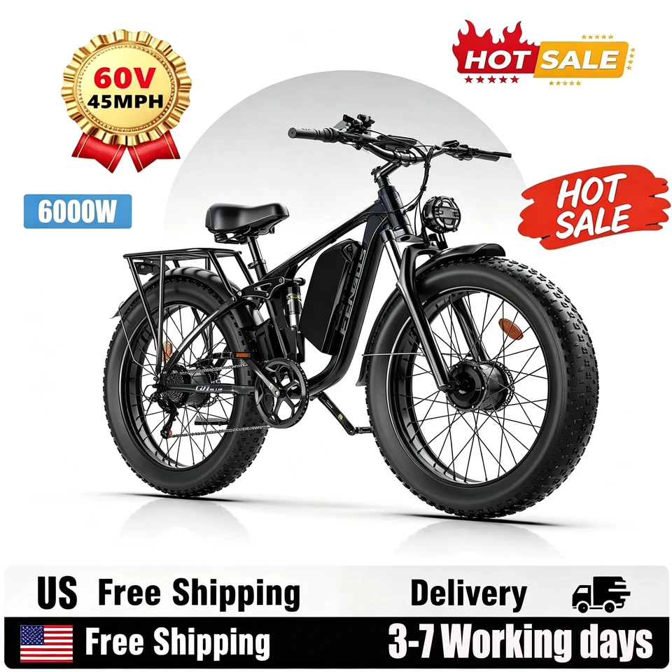 FENGQS Q8PLUS Electric Bike 6000W 5000W Dual Motor for Adults, 26"x4" Fat Tire, 52V/23Ah Battery, 45mph Top 80-100 Miles Range, Full Suspension, UL 2849