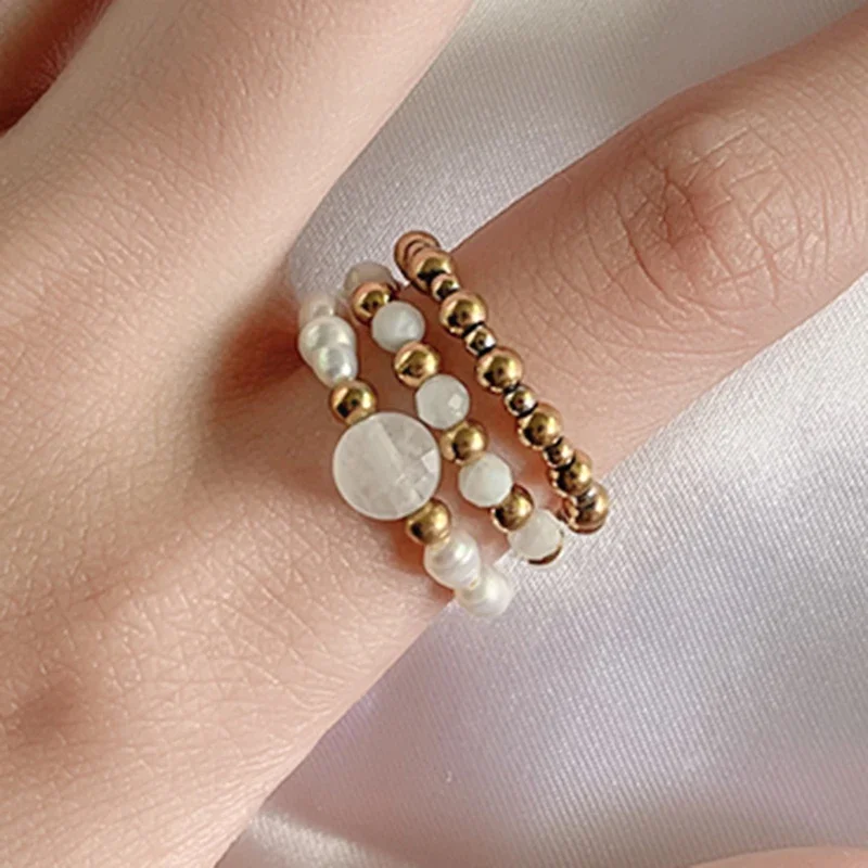 

Trendy White Jade Statement Ring Set For Women Handmade Natural Stone Wedding Jewelry Freshwater Pearl Party Rings