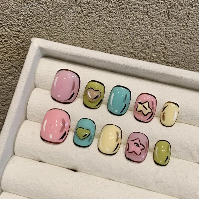 

10Pcs Handmade Colorful Short Square Nails Cartoon Hearts&Stars Design Cute False Nails for Teens Daily Fun Nail Art Tips Wear
