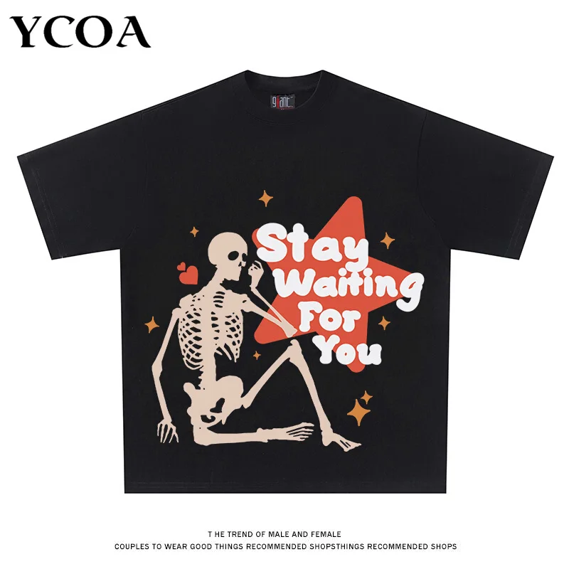 Men Streetwear Tshirt Hip Hop Oversize Skulls Graphic Harajuku Black Cotton Korean Fashion Pulovers Tops Tee Aesthetic Clothing