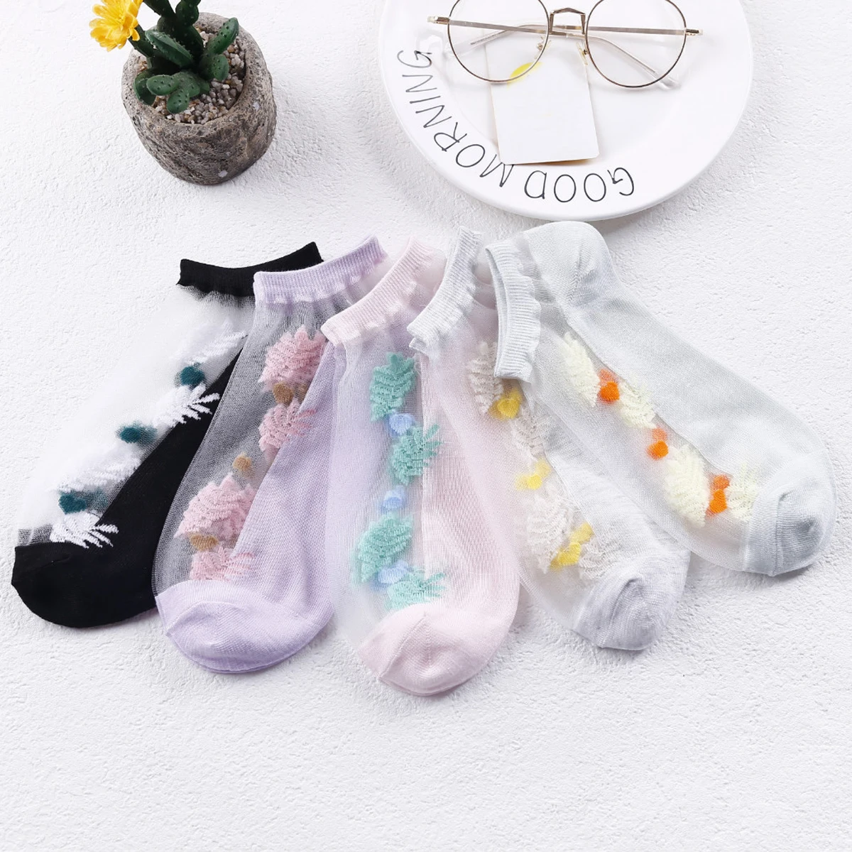 5 Pairs/Lot Summer Short Sock Ultra-Thin Flower Glass Silk Fashion Ladies Socks Lace Boat Socks Low Transparent Invisible Socks