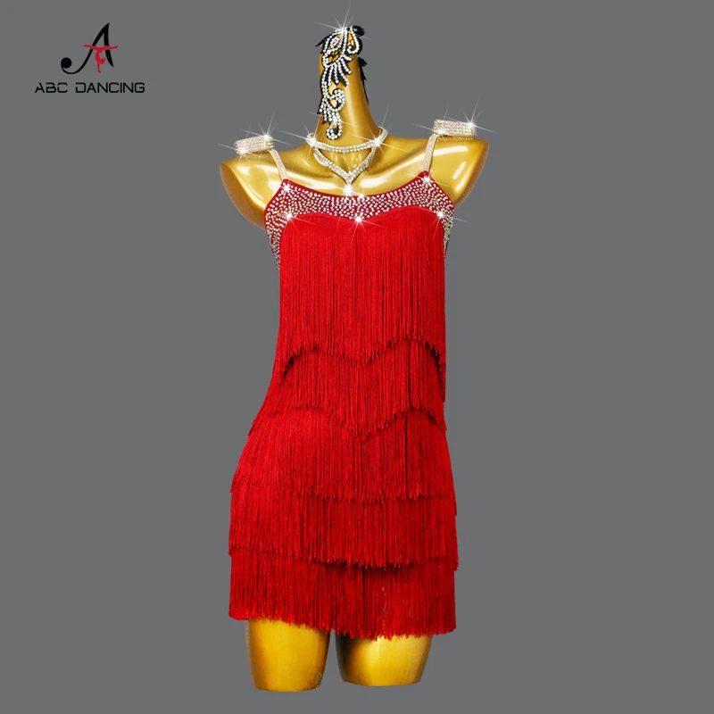 New Red Latin Dance Competition Sexy Fringe Short Skirts Ballroom Clothes for Women Girls Custom Large Size Practice Wear Dress