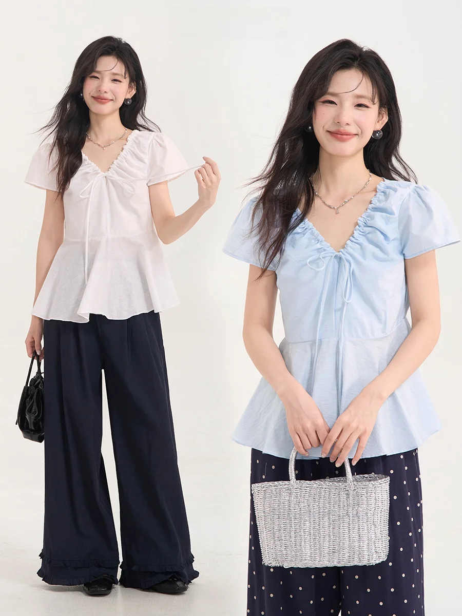 

Elegant V-Neck Pleated Design Short Sleeve Shirt Women's Summer Top Korean Style Commute Wind Regular Fit Bubble Sleeve