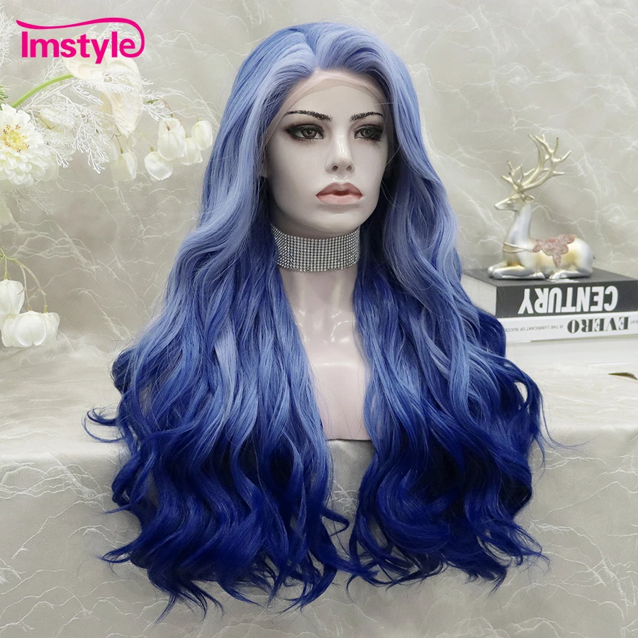 Imstyle Ombre Blue Wig Synthetic Lace Front Wig Long Natural Wavy Wigs For Women Cosplay Party Wig Heat Resistant Fiber