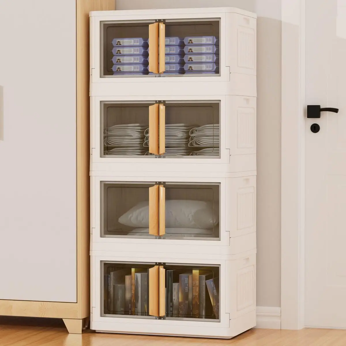 Bacs de rangement pliables en plastique empilables, bacs de rangement avec veds, armoire, évaluation avec portes, ouverture, 368Qt, 4 paquets