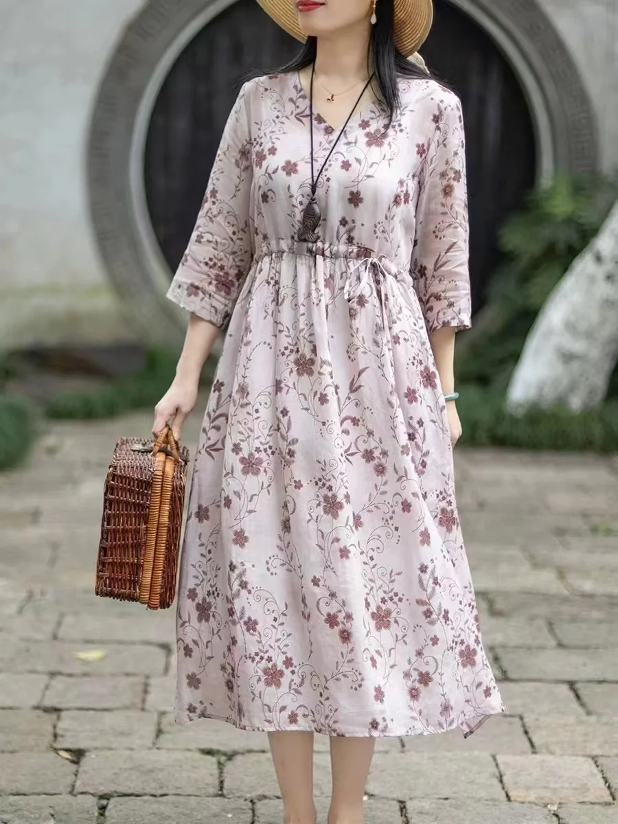 レディース綿麻Vネックラミードレス2025新作夏花柄ルーズロングドレスボヘミアンストリートウェア